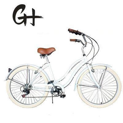 17kg 26&quot; witte band vrouwen volwassen 7 snelheden Shimano Lady City CE USA Hi-Ten Steel Frame CPSC Beach Cruiser Fiets
