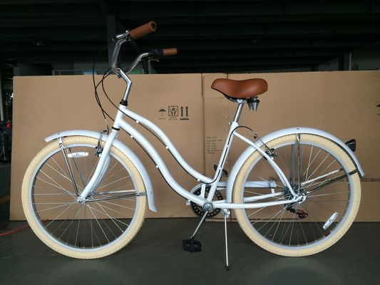 17kg 26&quot; witte band vrouwen volwassen 7 snelheden Shimano Lady City CE USA Hi-Ten Steel Frame CPSC Beach Cruiser Fiets
