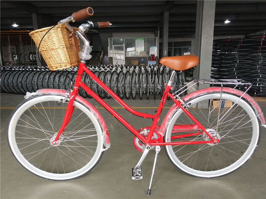 Vintage Lady Bike met Basket Rood Kleur Low Step Door Hybrid 5 Speed Comfort Cruiser