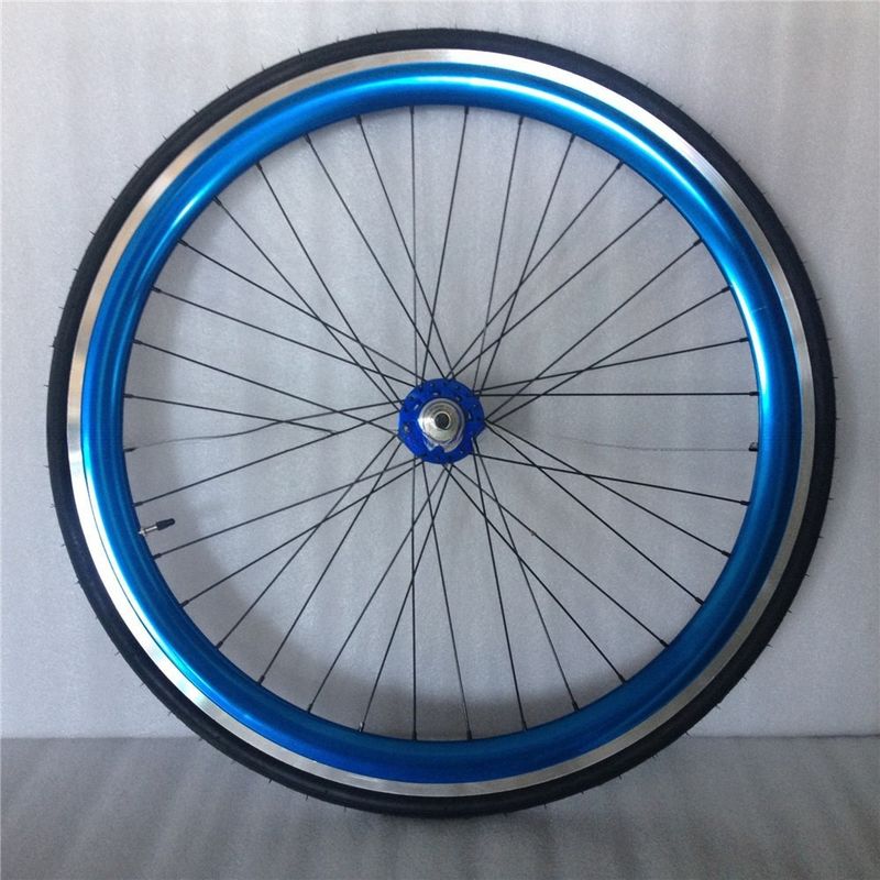 43 mm geanodiseerde blauwe flipflop vaste versnelling wegfietswiel set met kleurrijke spaken